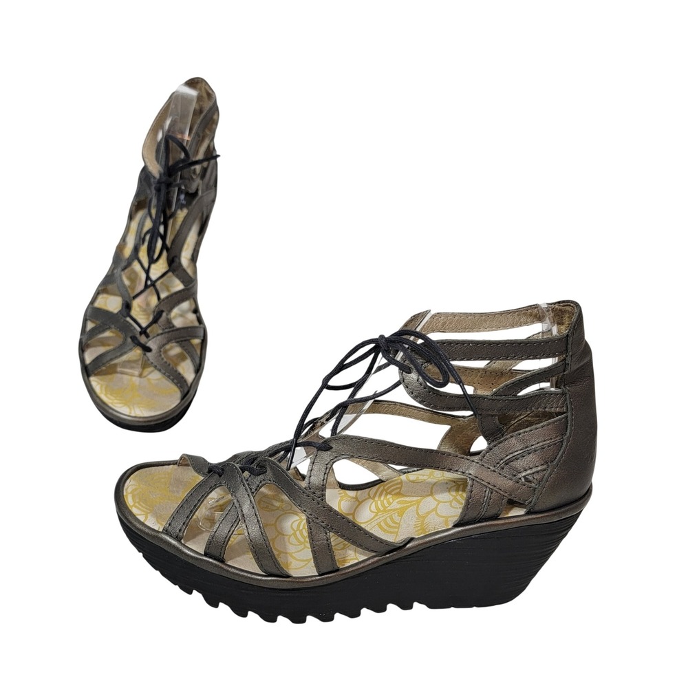 Fly London Yuke Pewter Metallic Leather Lace Up Gladiator Wedge Sandals 39 8-8.5